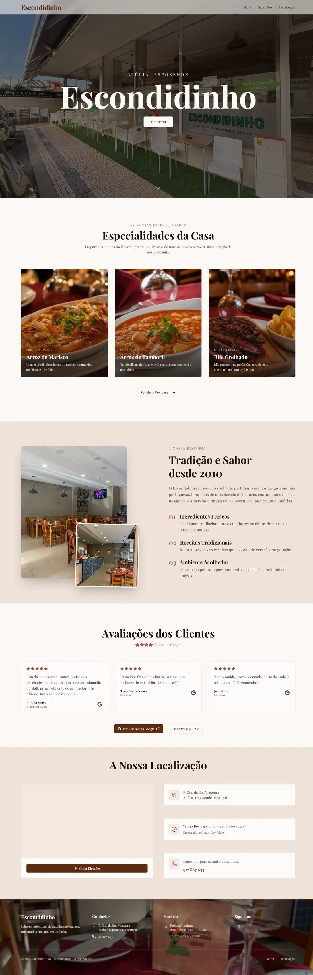 Site do restaurante Escondidinho, em Apúlia, da página inicial ao rodapé.