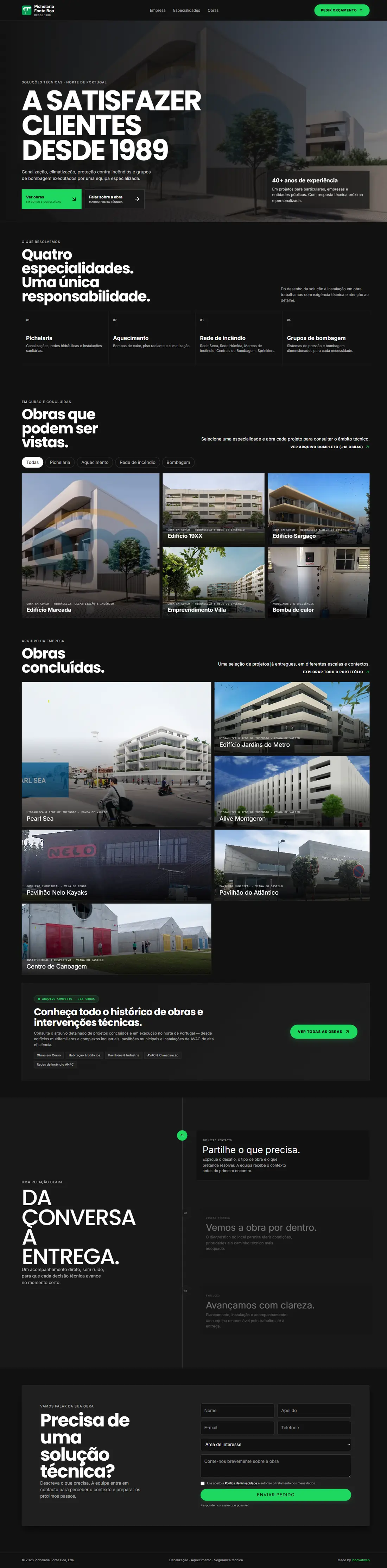Site da Pichelaria Fonte Boa, da página inicial ao formulário de contacto.